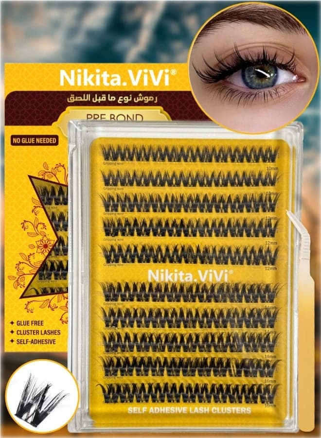 110 Pcs Pre Bond Lashes Kit with Tweezers Self Adhesive Eyelashes Eyelash Clusters Kit, False Eyelashes D Curl Pre Glued Lash Clusters Wispy Lash Cluster Kit False Lashes for Beginners and Salon use Press On DIY Lash Extension Kit Falselashes Eye Makeup Kit 10-16mm Size