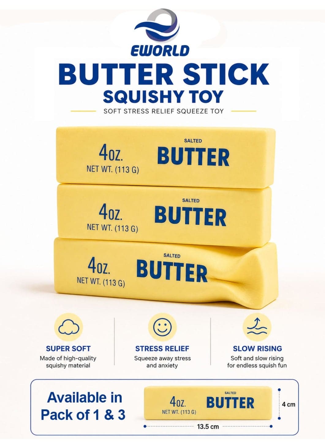 Butter Stick Squishy Toy - Soft Slow Rising Stress Relief Squeeze Fidget Toy Pocket Size Sensory Toy Available in Pack of 1 & 3