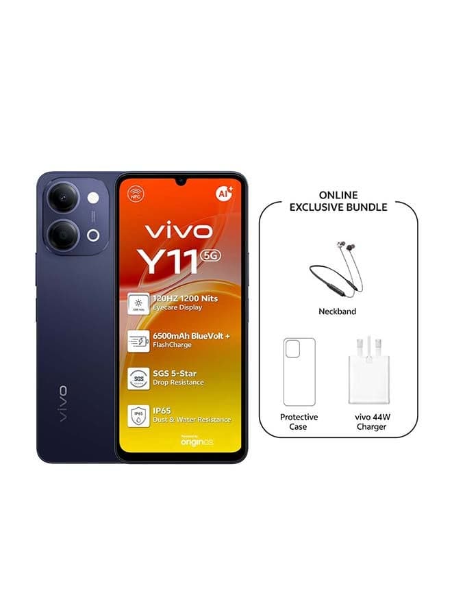 Y11 AI 5G أسود 4GB RAM 128GB مع سماعة عنق حصرية (شاحن وحافظة داخل صندوق الهاتف) - النسخة الشرق أوسطية