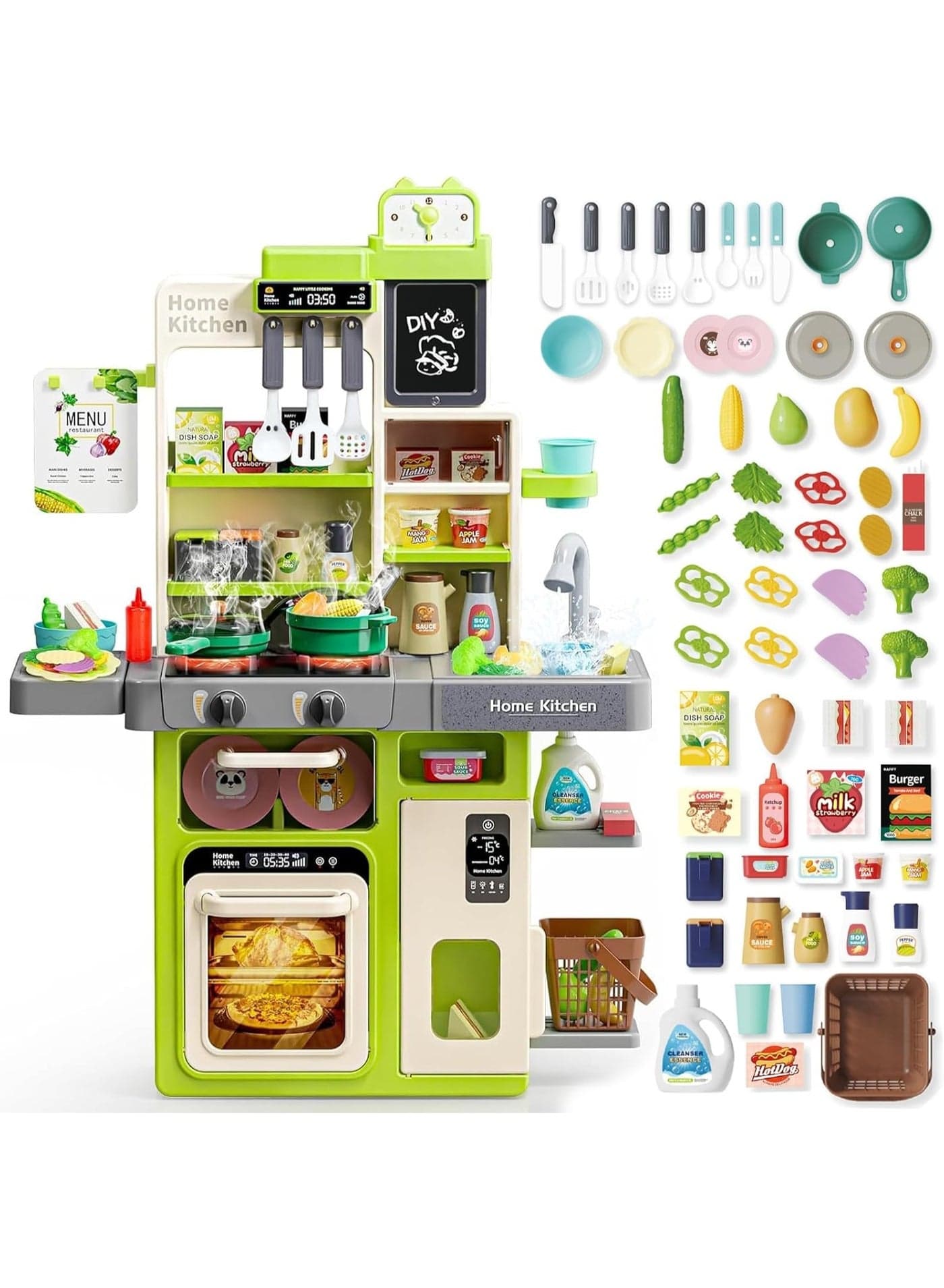 Kids Kitchen Playset 63PCS, Pretend Play Kitchen with Sounds and Lights, Cooking Stove Steam, Play Sink and Food, Toy Kitchen Set for Kids ages 3-8, Green