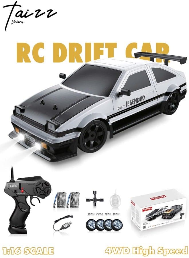 1:16 Scale Remote Control Car RC Drift Car 4WD 18KM/H High Speed Model Vehicle 2.4GHz with LED Lights Spray Rubber Tire Racing Sport Toy Car for Adults Boys Girls Kids Gift 2Pcs Rechargeable Batteries - Black/White