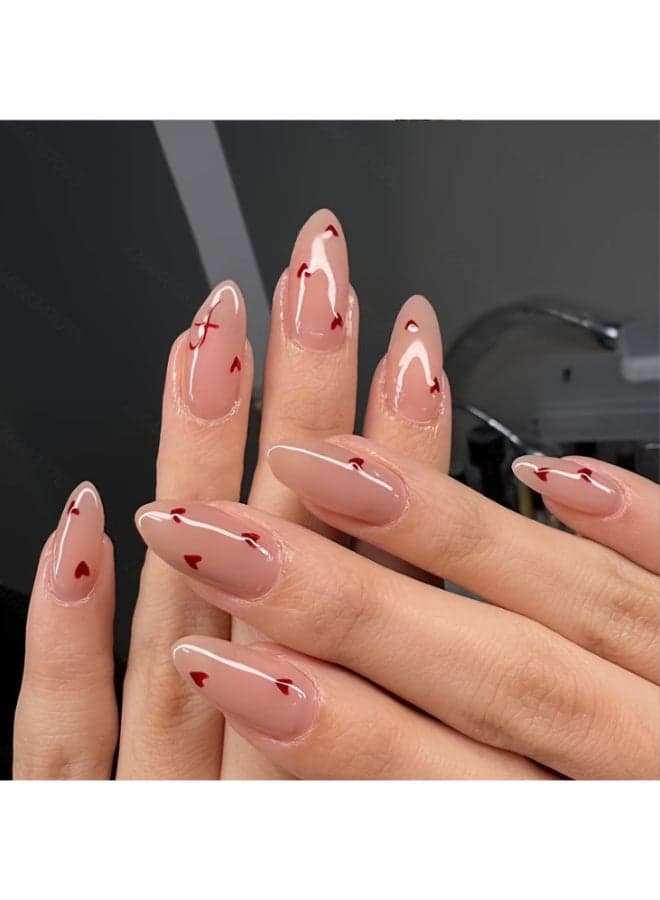 24 Pcs Lovely Heart Press on Nails Short Medium Fake Nails with Glue Nude Pink False Nails Almond Shape Nails Reusable Stick on Nails Full Cover Artificial Nails for Women Nail Art