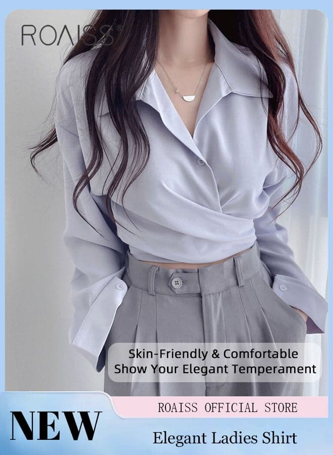 Women Chiffon Blouse with Fitted Waistband Design, Long Sleeve Collared Neck Shirt, Breathable Skin-friendly Tops for Ladies, Suitable for Daily Wear