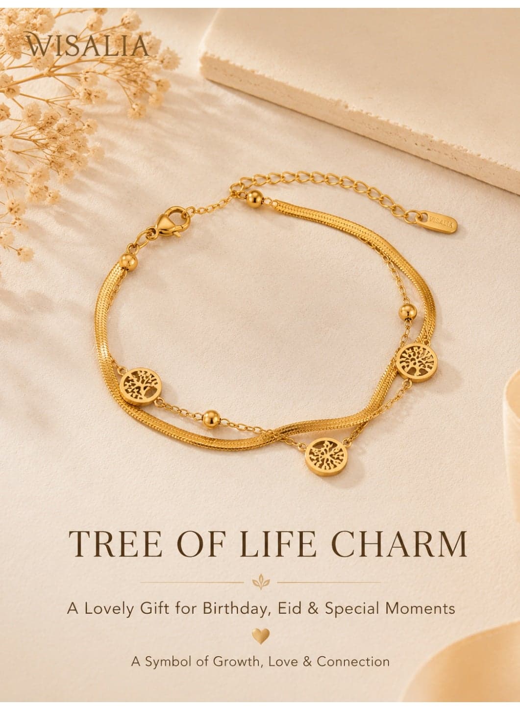 Gold Bracelet for Women, Tree of Life Charm Bracelet, Adjustable Gold-Tone Stainless Steel Layered Bracelet, Elegant Jewelry Gift for Her