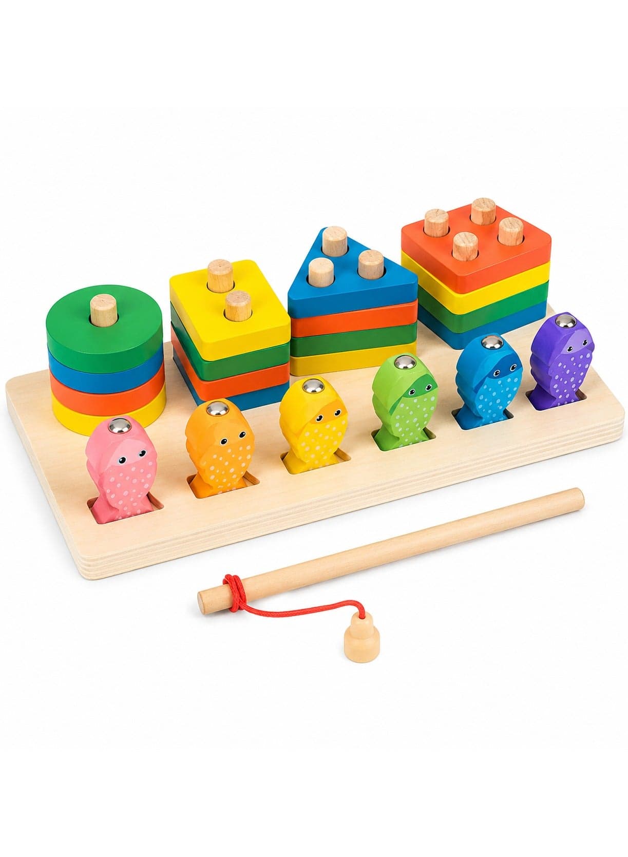 Montessori Wooden Fishing Toy for Toddlers 3+ Years, 2-in-1 Magnetic Fishing Game & Shape Sorting Stacking Puzzle, Educational Learning Toy, Fine Motor Skills, Preschool STEM Gift for Boys & Girls