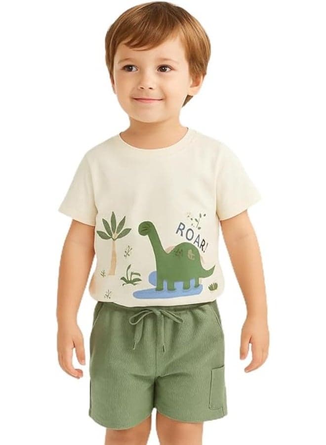 Dinosaur Print T-Shirt and Shorts Set for Toddler Boys | 2-3 Years 100% Soft Cotton Cream Top & Green Ribbed Bottoms | Casual ROAR Design Outfit