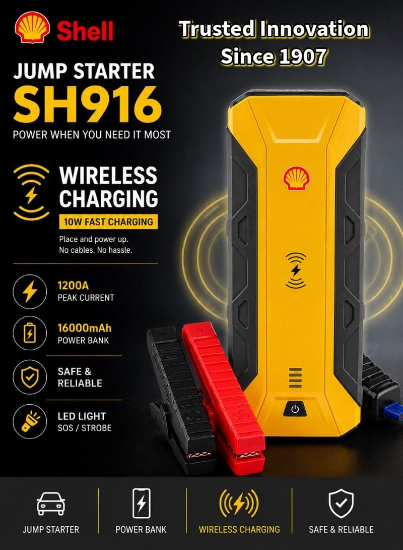 Shell Automotive Car Jump Starter 59.2 Wh ,16000mAh Power Bank | Wireless Charger, Car Jumper Starter for Truck & SUV, Portable Jump Starter Boost with LED Light & Smart Safety Protection