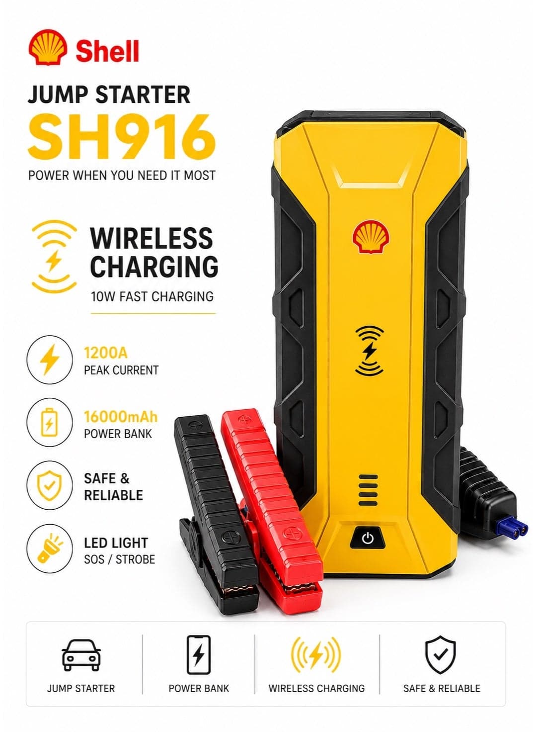 Shell Automotive Car Jump Starter 59.2 Wh ,16000mAh Power Bank | Wireless Charger, Car Jumper Starter for Truck & SUV, Portable Jump Starter Boost with LED Light & Smart Safety Protection