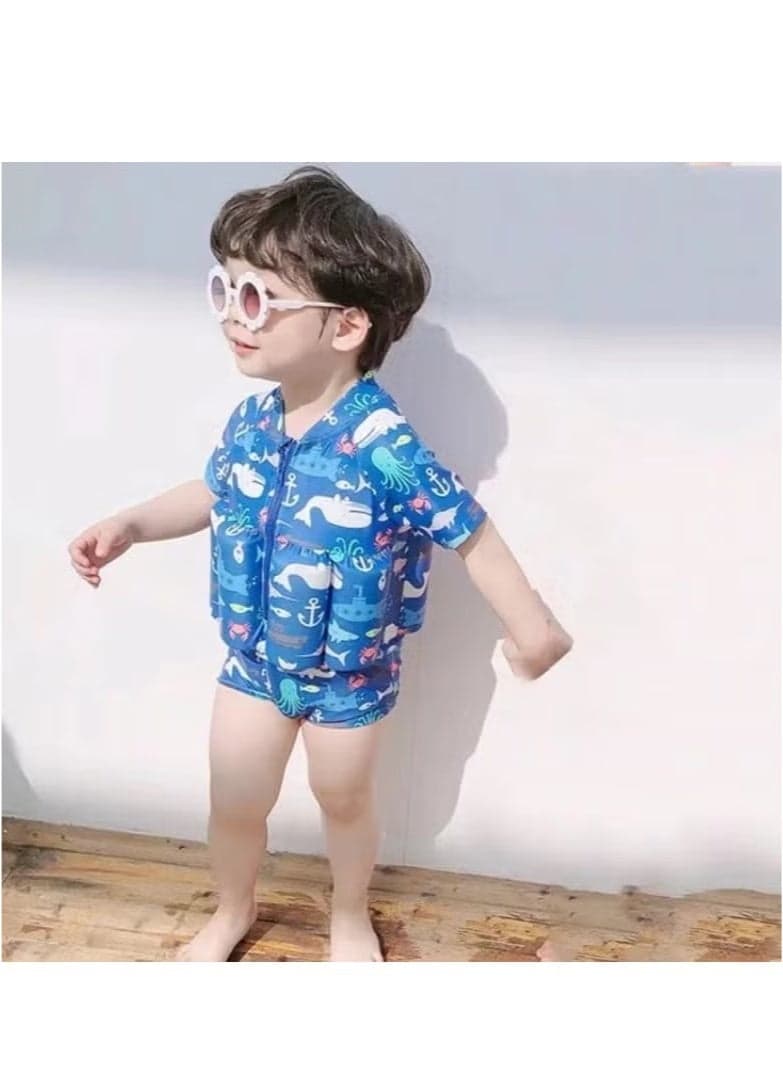 Boys and girls one-piece floating water suit cartoon boxer cute baby swimsuit, short-sleeved swimming vest, zipper buoyancy swimsuit + swimming cap (2XL Recommended Height 100cm-110cm) Blue