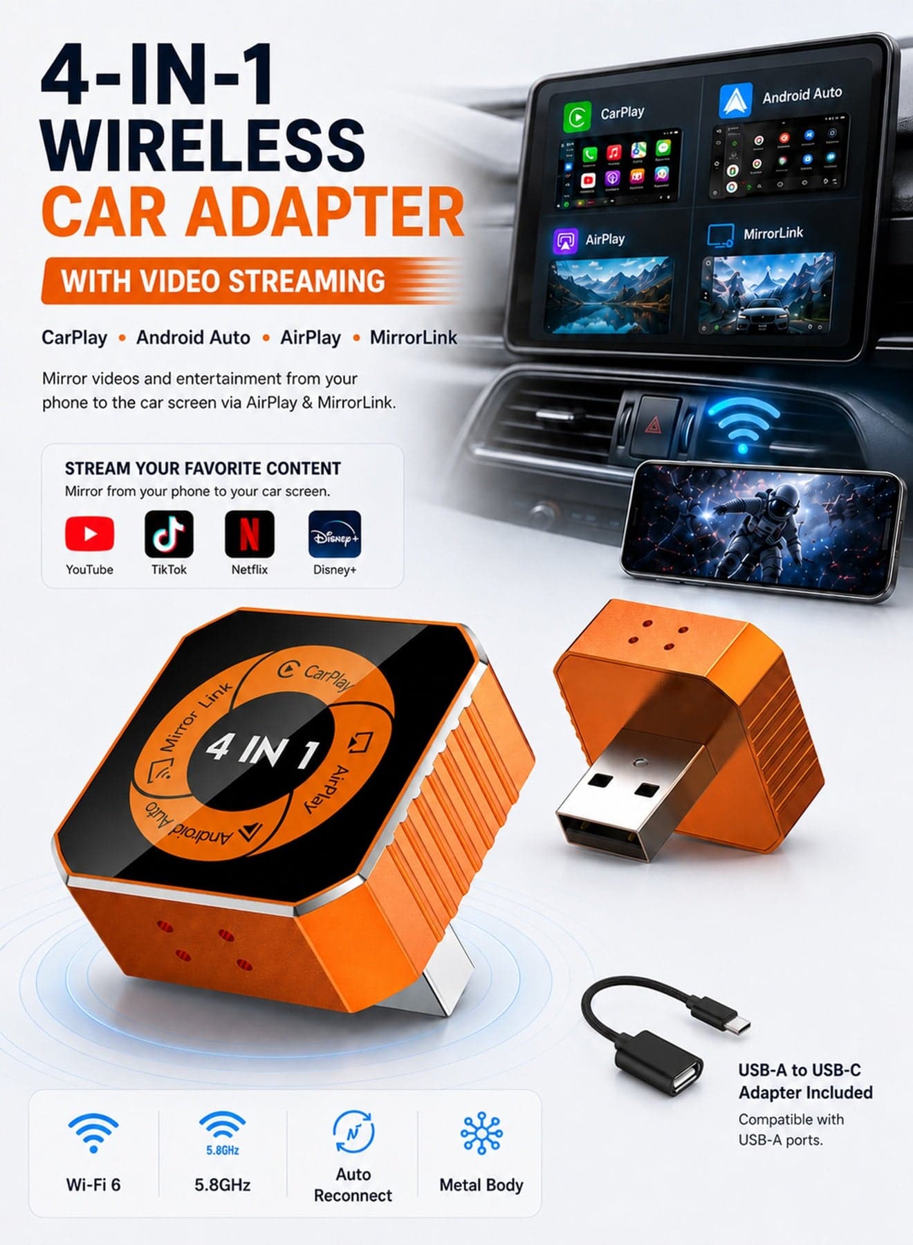 4-in-1 Wireless CarPlay & Android Auto Adapter with Video Streaming, Plug & Play Fast Auto-Reconnect, Bluetooth 5.4 & WiFi 6, Upgraded Dongle for YouTube, Netflix, TikTok via AirPlay & MirrorLink, Mini Adapter with USB/USB-C Port - Fits 98% of Vehicles