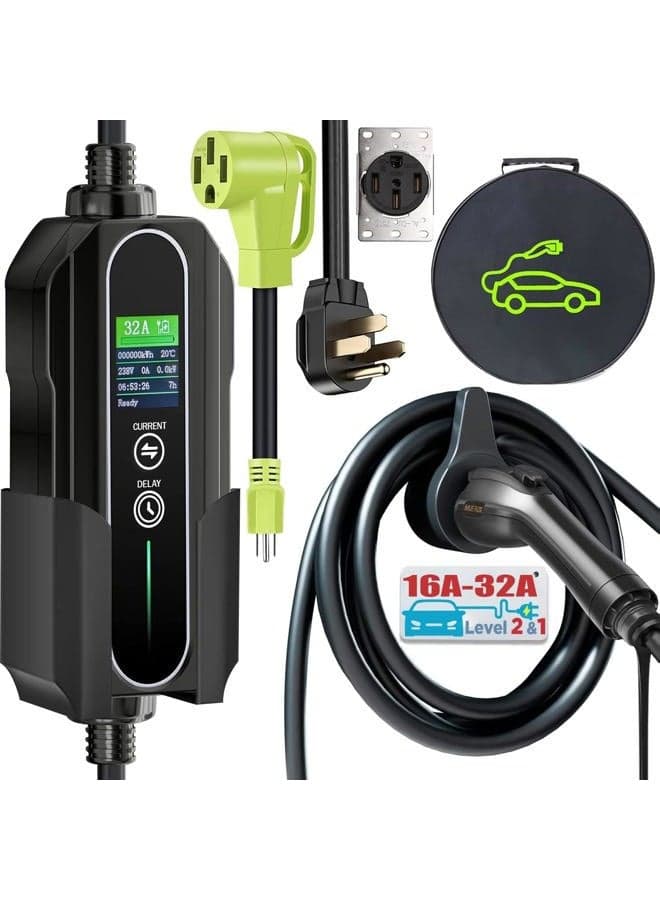 Level 2 & 1 EV Charger (10-32Amp, 110V-240V, 25ft Cable, SAE J1772), Home/Outdoor Portable Electric Vehicle with NEMA 14-50P/5-15P to 14-50R Adapter, Adjustable 32A/24/20/16/10Amp, Delay 1-12h