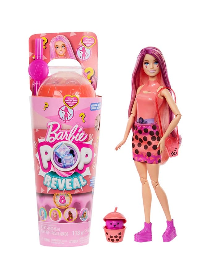 Pop Reveal Pink Wick Blonde Doll with Tumbler Wizard Mochi Bubble Tea with Ice Cubes Reveal Clothes, Pets and Surprise Accessories, Toy +3 Years Old (HTJ22)