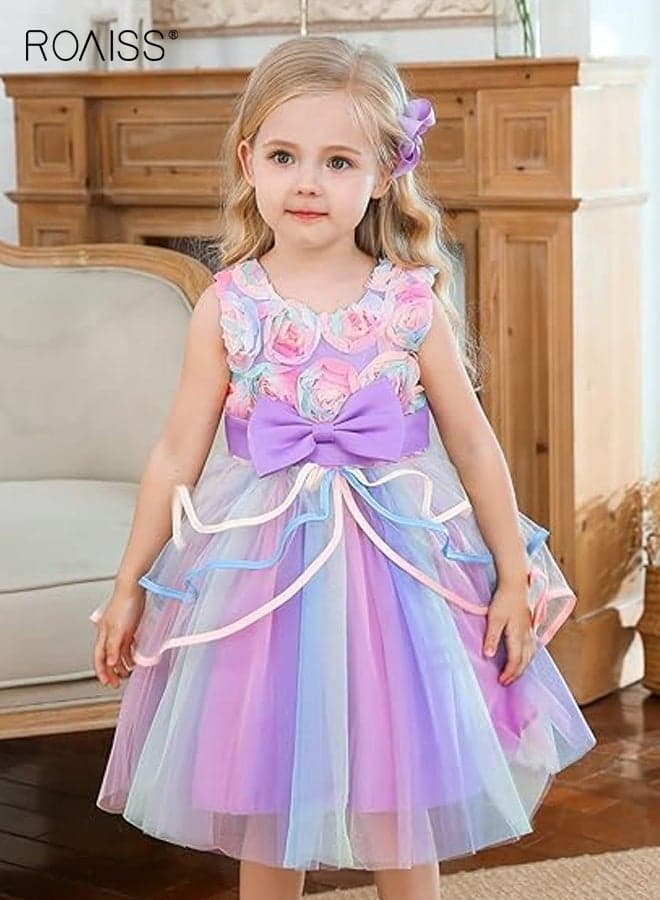 Girls Tulle Dresses, Elegant Stylish Formal Dress with Back Zipper, Sleeveless A-line Dress with Bowknot and Floral Decoration, Fancy Princess Dress for Girls, Suitable for Performance, Birthday Party or Any Formal Occasion