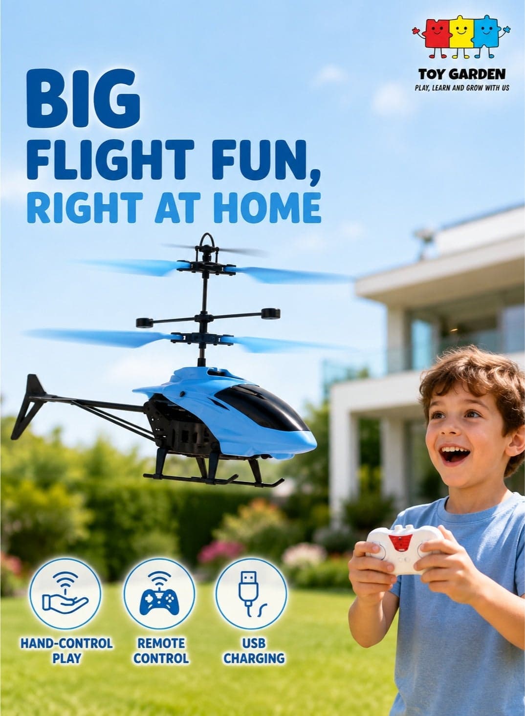 Wireless Induction Flying Helicopter Toy, Blue USB Rechargeable RC Suspension Aircraft with Remote Control, Hand Sensor Flying Helicopter with LED Lights for Kids Ages 14+