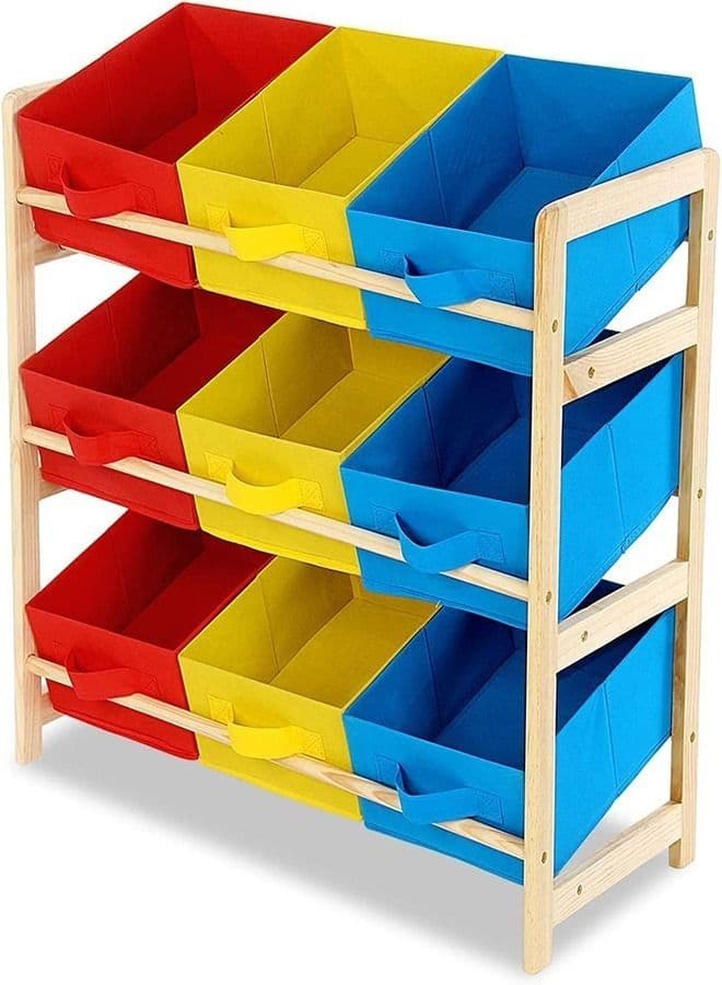 Child's Toy Box 3 Tier 6 Non-woven Fabric Boxes Children Toys Wooden Shelf Storage Rack Organizer, Children Storage Unit Shelf Rack, Fabric Boxes Pine Wood Organising Stand