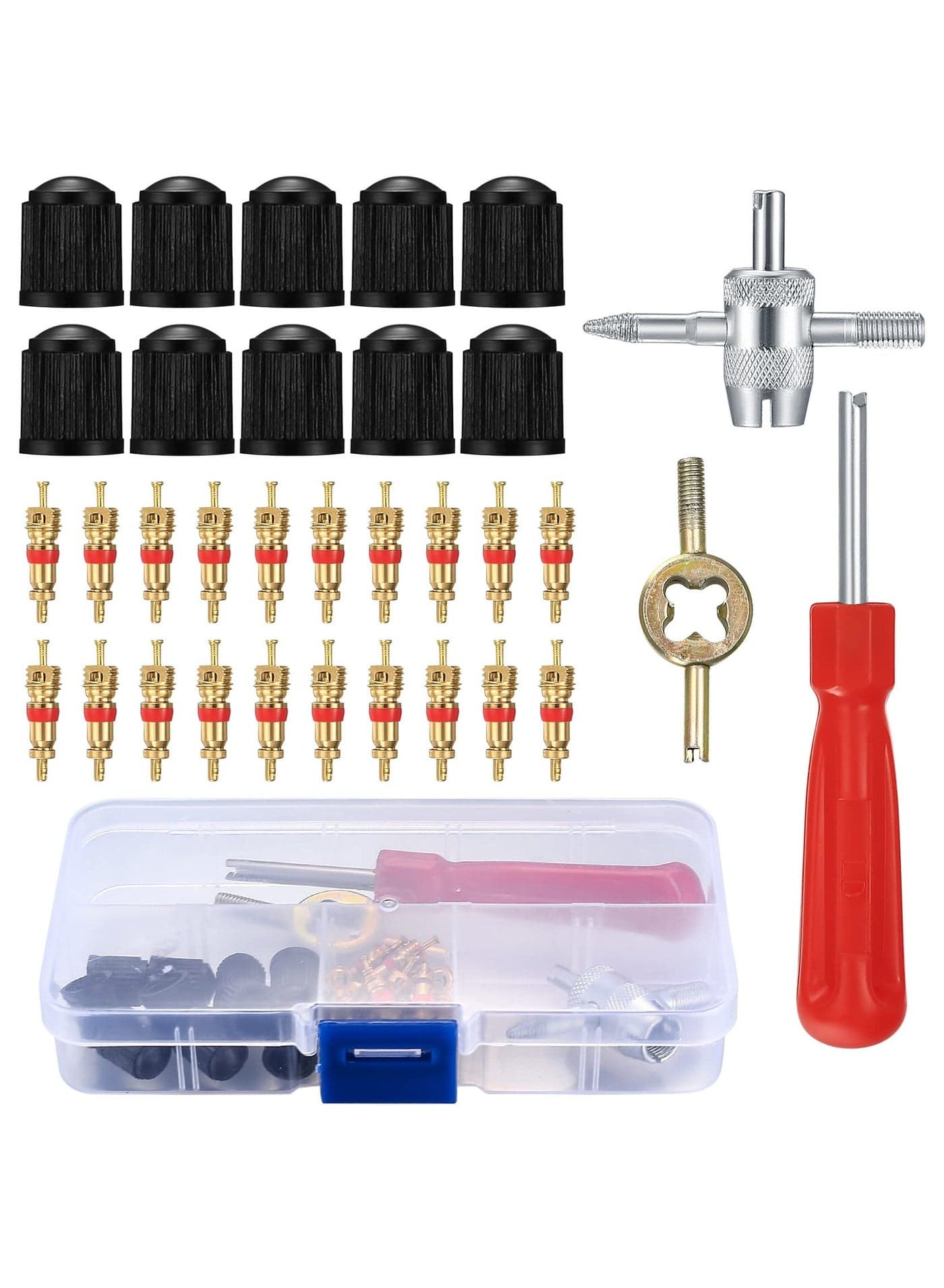 33PCS Tyre Valve Core Tool Kit, Valve Core Remover Tools Including 20pcs Valve Cores 10pcs Valve Caps 1pc Single Head Valve Core Remover 1pc Dual Head Valve Tool 1pc 4 Way Valve Tool