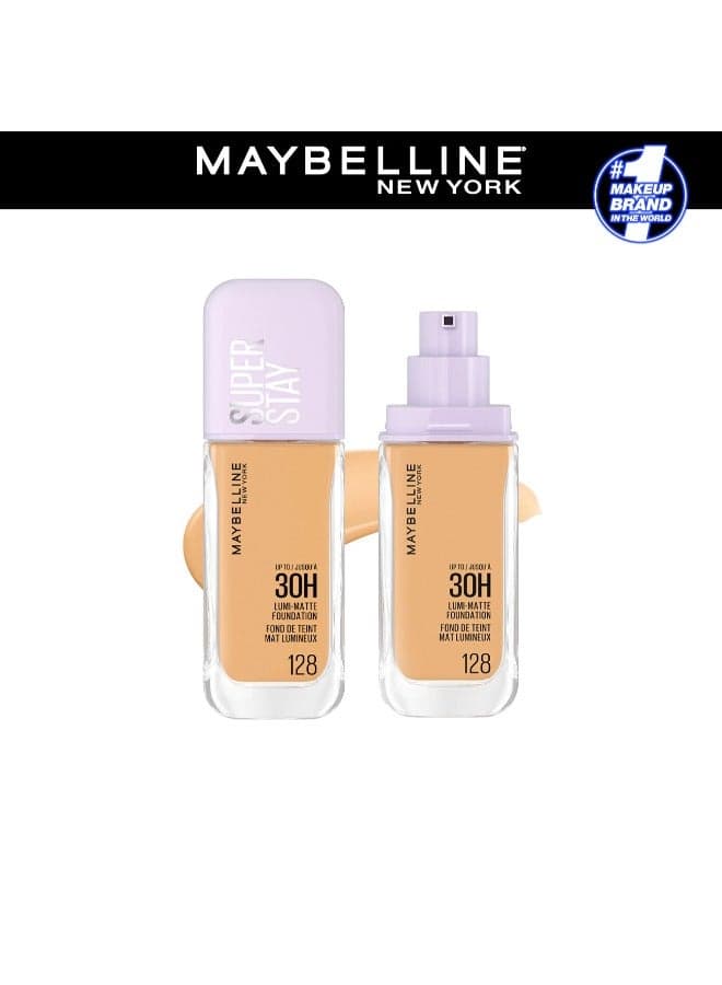 MAYBELLINE SUPER STAY LUMI-MATTE FOUNDATION 30H LONGWEAR, LIGHTWEIGHT, WATERPROOF, SWEATPROOF, HEATPROOF, STAY TRUE TO TONE ALL DAY, 128