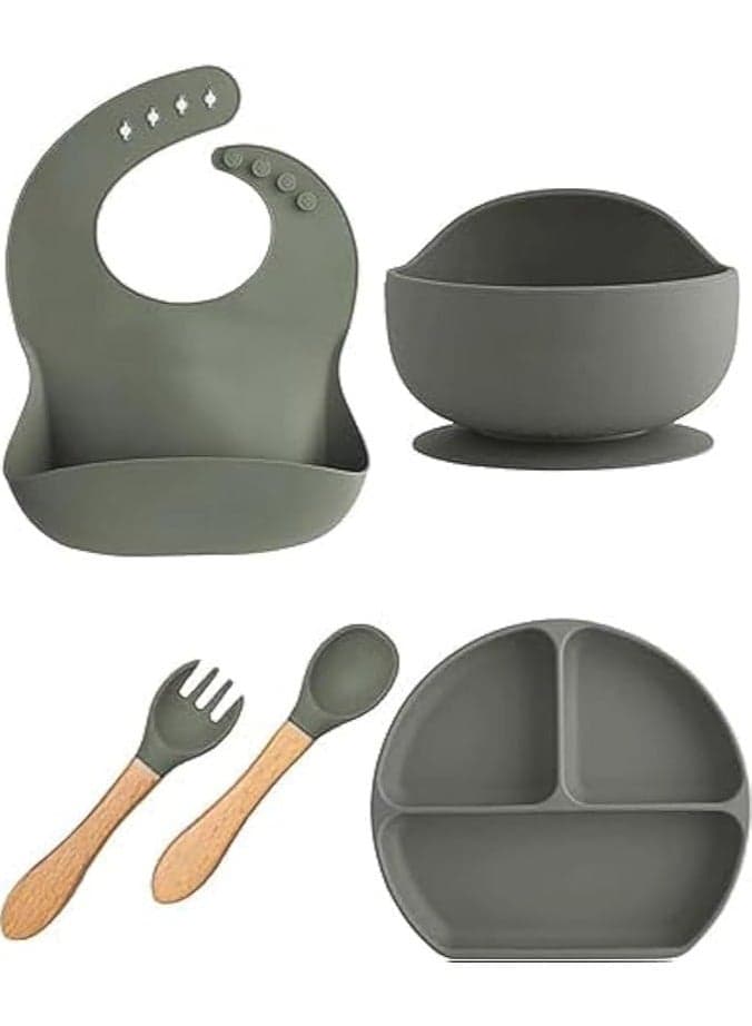 S2C 5 Pcs Silicone Baby Feeding Set, Baby Led Weaning Set, Feeding Supplies for Toddlers New Born Baby Gift Set, Suction Silicone Baby Plate with Divider,Baby Feeder,Bib,Spoon (GREY)