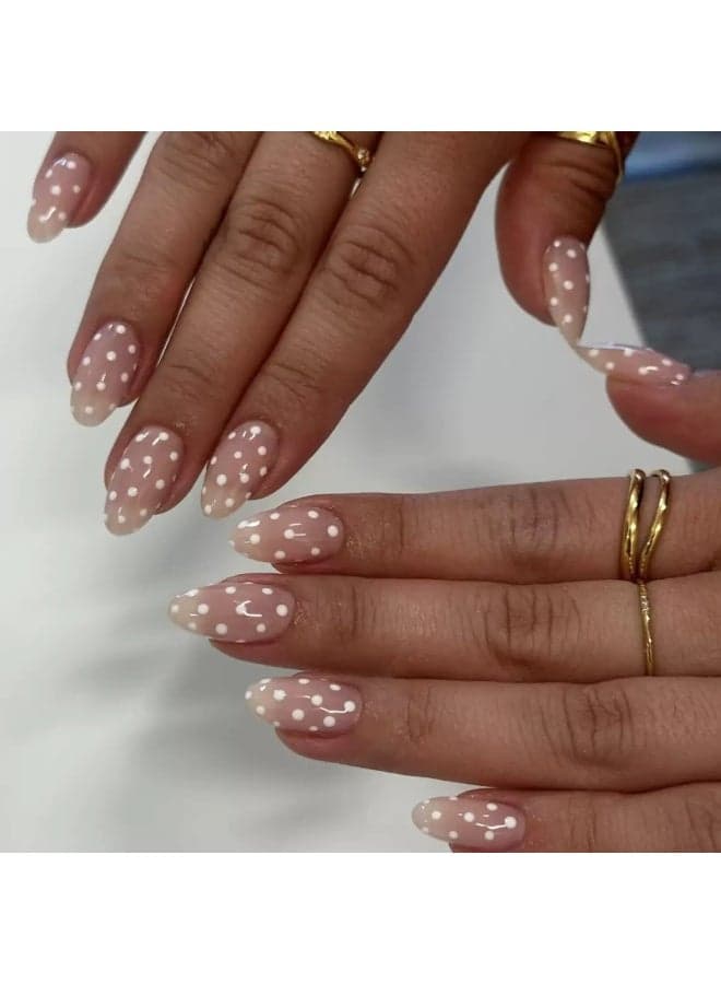 Press On False Nails 24pcs, With a Short Round Featuring a white polka dot design Design, a Set Of 24 Refreshing Art Pieces, Perfect For Both Everyday Wear. Acrylic Nails With Glue Kit.