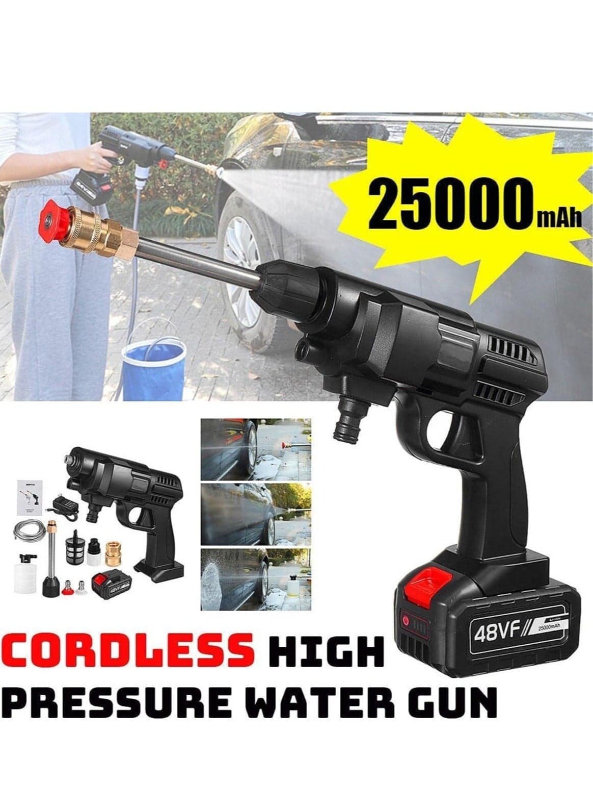 48V 25000mAh 30Bar Cordless High Pressure Car Washer with Nozzles Water Gun Set Garden Cleaning Jet Car Washing Machine
