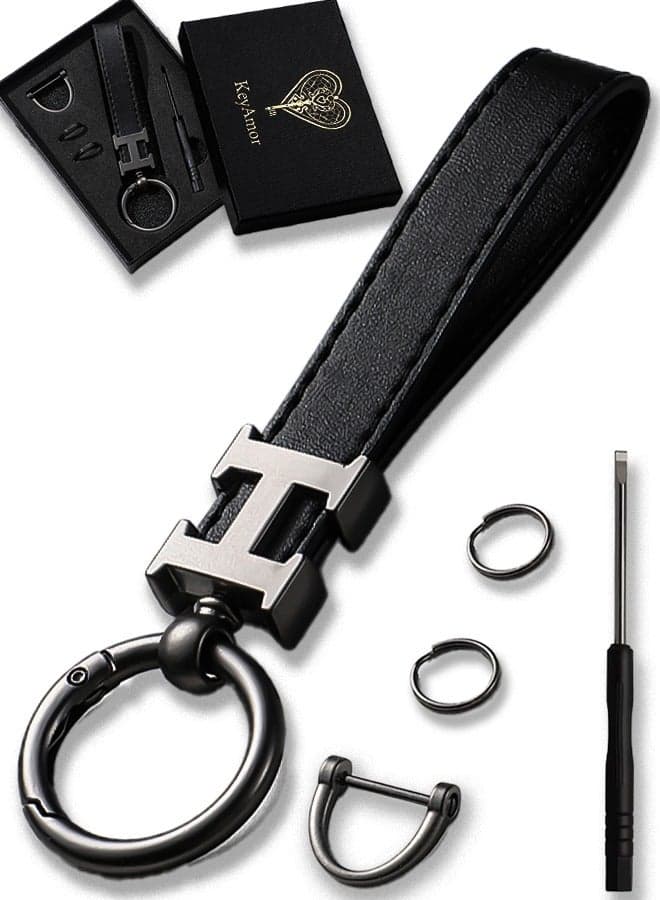 Elegant metal and leather keychain car keyholder for men . H letter keychain , Stylish car keychain with 3 key rings, perfect as a fancy gift or car accessories. Features an elegant and refined black colour and comes in a fancy gift box.