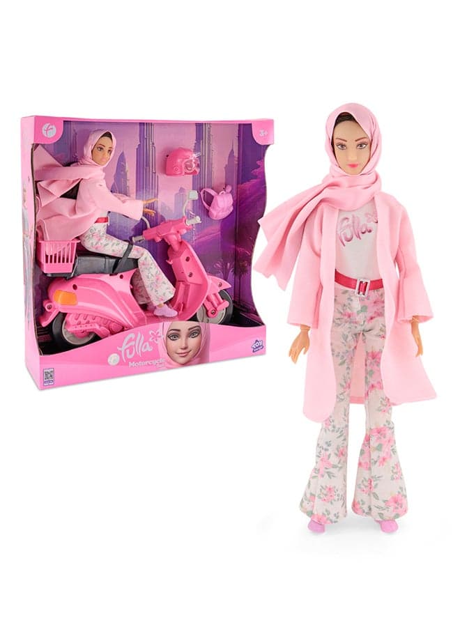 Doll With Pink Motorbike Includes Floral Pants, Jacket, Helmet And Headscarf & Fashionable Outfit With Ride-On Fun – Perfect For Role Play Adventure And Gift Giving For Kids, Perfect For Eid Gifting