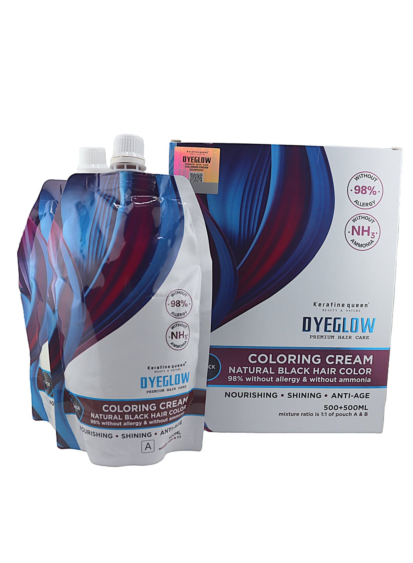 Keratine Queen Dyeglow Natural Black Hair Coloring Cream (Ammonia-Free) – 500ml + 500ml Dyeglow delivers rich, natural black hair color without ammonia and without irritation. Its nourishing formula with anti-aging benefits leaves hair shiny, smooth, and deeply hydrated. Ideal for sensitive scalp and frequent coloring.