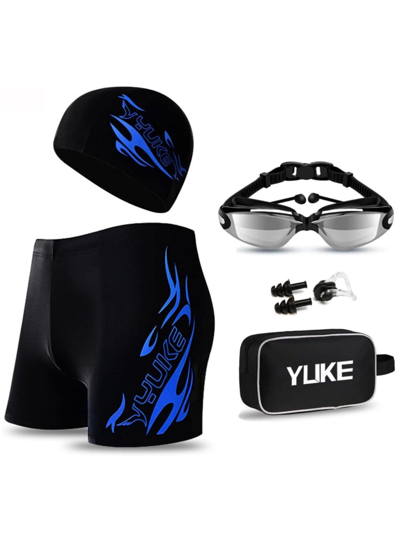 Men's Swimwear Set,6Pcs Swim wear Set,Swimming Trunks,Swim Goggles,Swim Cap,Ear Plugs,Nose Clip,Swim Bag.Adult Swimwear,Beach Essentials for Summer Fun.(Blue)