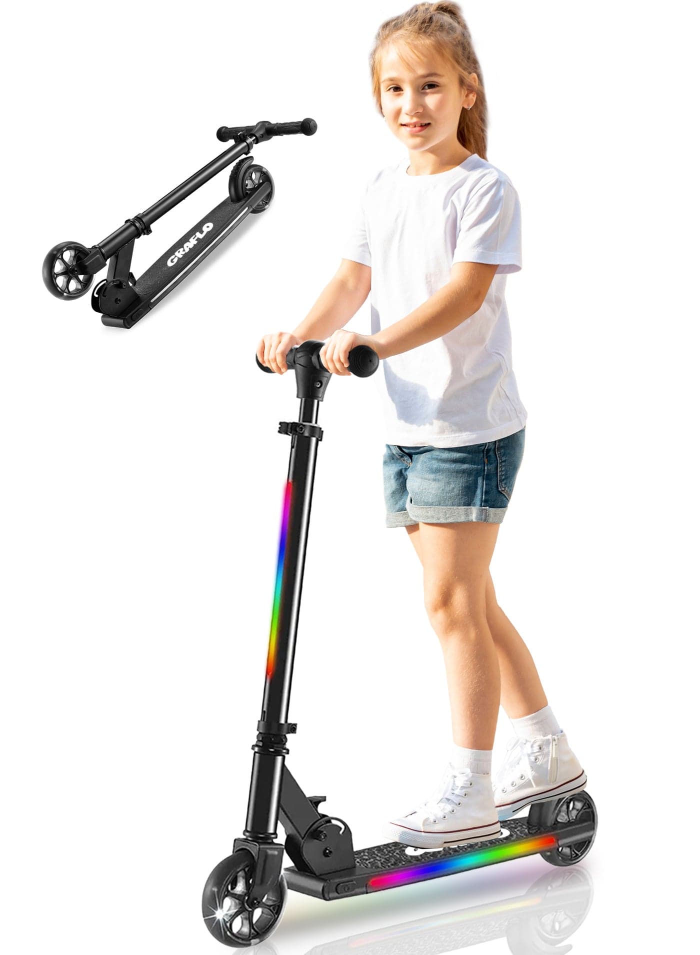 2 Wheel Light Up Kick Scooter Includes LED Lights on up Stem, Wheels and Deck Adjustable Handlebar Rear Brake Easy Folding Mechanism Outdoor Activities for Boys and Girls, Ages 5+