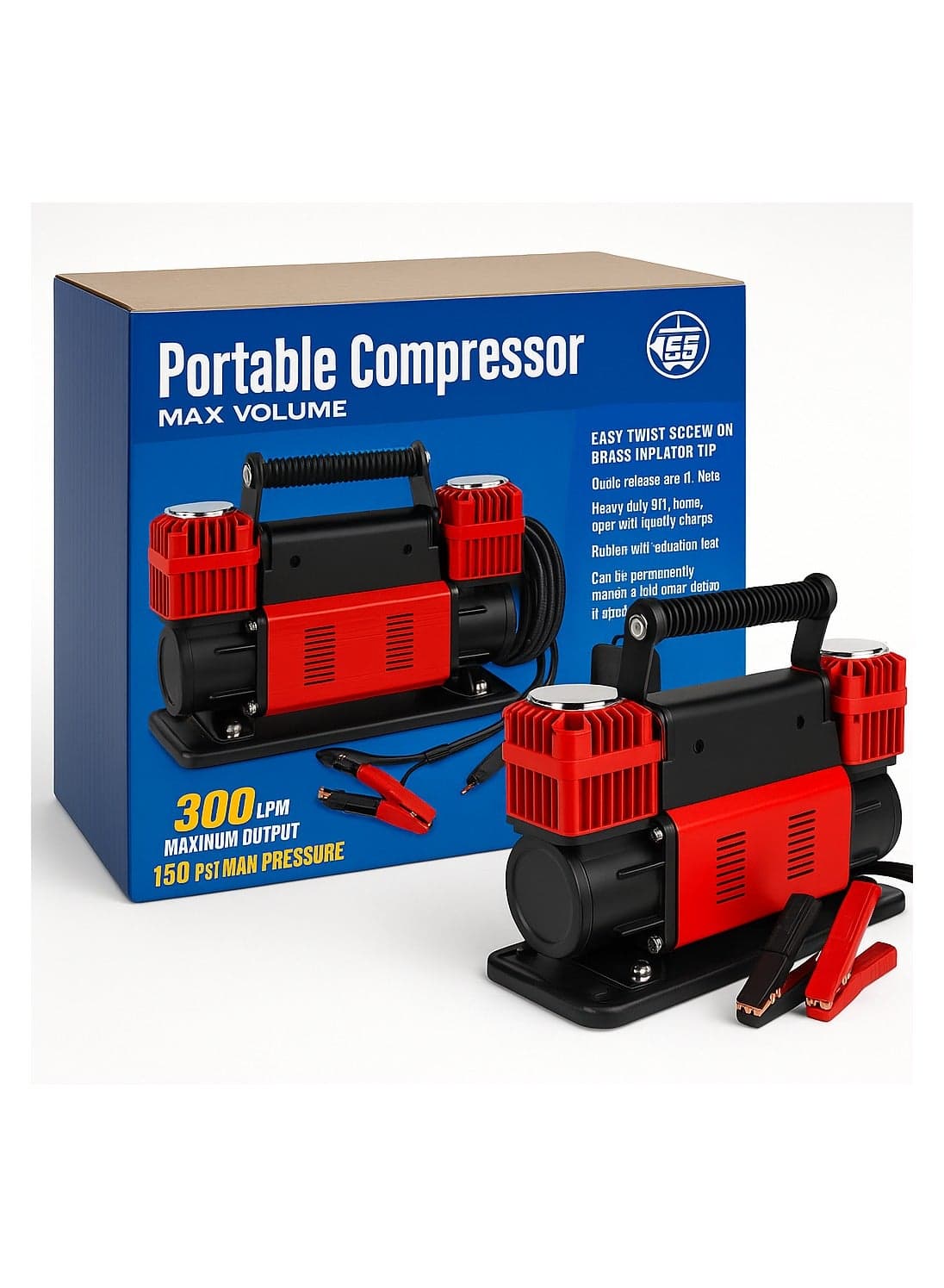 Portable 12V Air Compressor for Car Tires – 300 LPM, 150 PSI, Quick Connect Brass Nozzle, 26ft Coil Hose, Compact Inflator for Cars, Bikes, Sports Equipment, and More