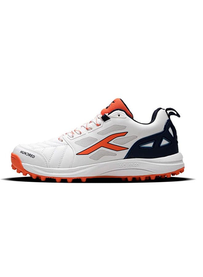 TerraField Cricket Shoes | TerraSpike Rubber Studs | Embedded Support Plate for Stability | Lightweight & Durable | Ideal for Turf, Ground & Hard Surfaces (White/Orange/Navy ; UK 11)