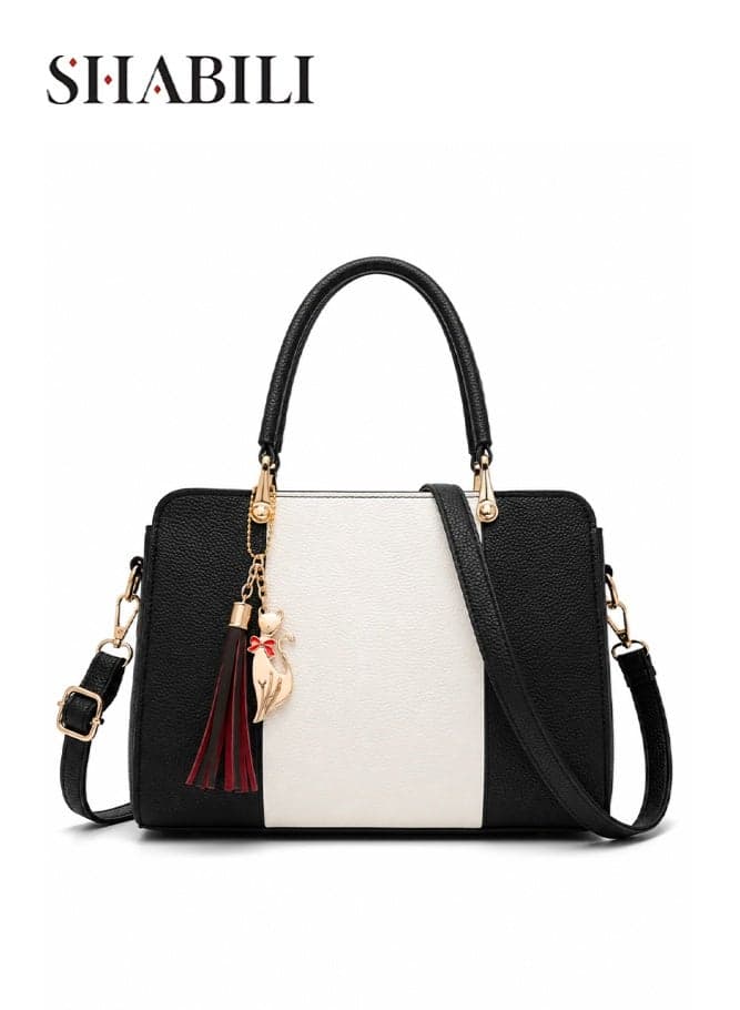 Women PU Shoulder Bag Crossbody Sling Tote Satchel, Ladies Color-Block Large-Capacity Multi-Pocket Bag with Tassel Charm and Removable Strap for Teenager Daily Casual Party Travel and Everyday Outings