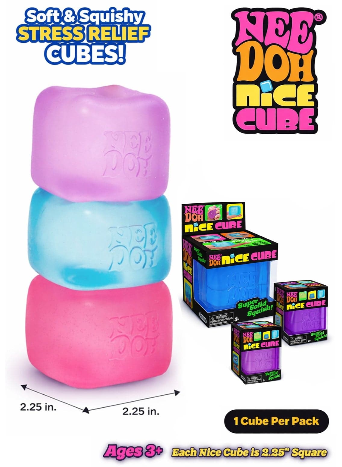 NeeDoh Nice Cube Sensory Squeeze Toy Super Solid Squish Stress Relief Fidget Toy 2.25 Inch Cube for Kids & Adults in 3 colors (Blue, Purple and Pink), 1 Piece