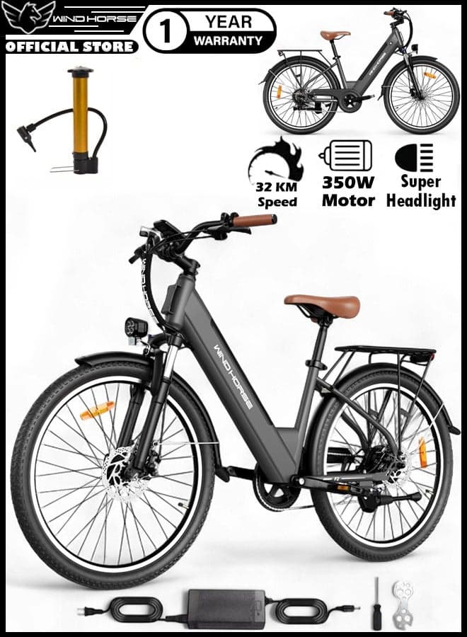 F2 Electric Bike for Adults 350W Motor, 36V 13Ah Removable Battery, 32KM/H Max Speed, 40–80KM Range, Carbon Alloy Frame, 26 Inches Tires, Shimano 7-Speed, Dual Disc Brakes, Front Suspension, 3 Riding Modes