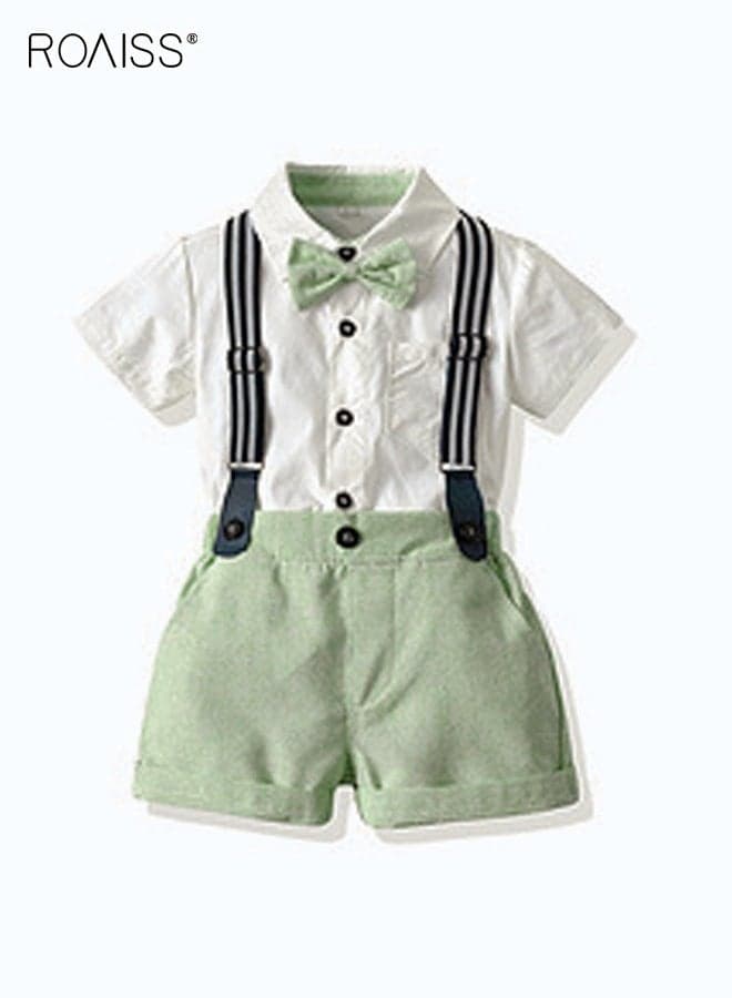 3 Piece Comortable Clothing Set for Toddler Boys, Little Gentleman Short Sleeve Button Shirt and Suspender Pants Set with Bow Tie, Formal Outfit for Summer, Suitable for Wedding Ceremonies, Performances and Formal Activities