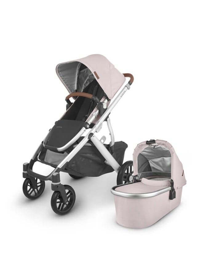 UPPAbaby Vista V2 Convertible Stroller, Silver Frame with Saddle Leather Trim, Adaptable Double Stroller, All‑Terrain Wheels and Enhanced Suspension, Alice Dusty Pink