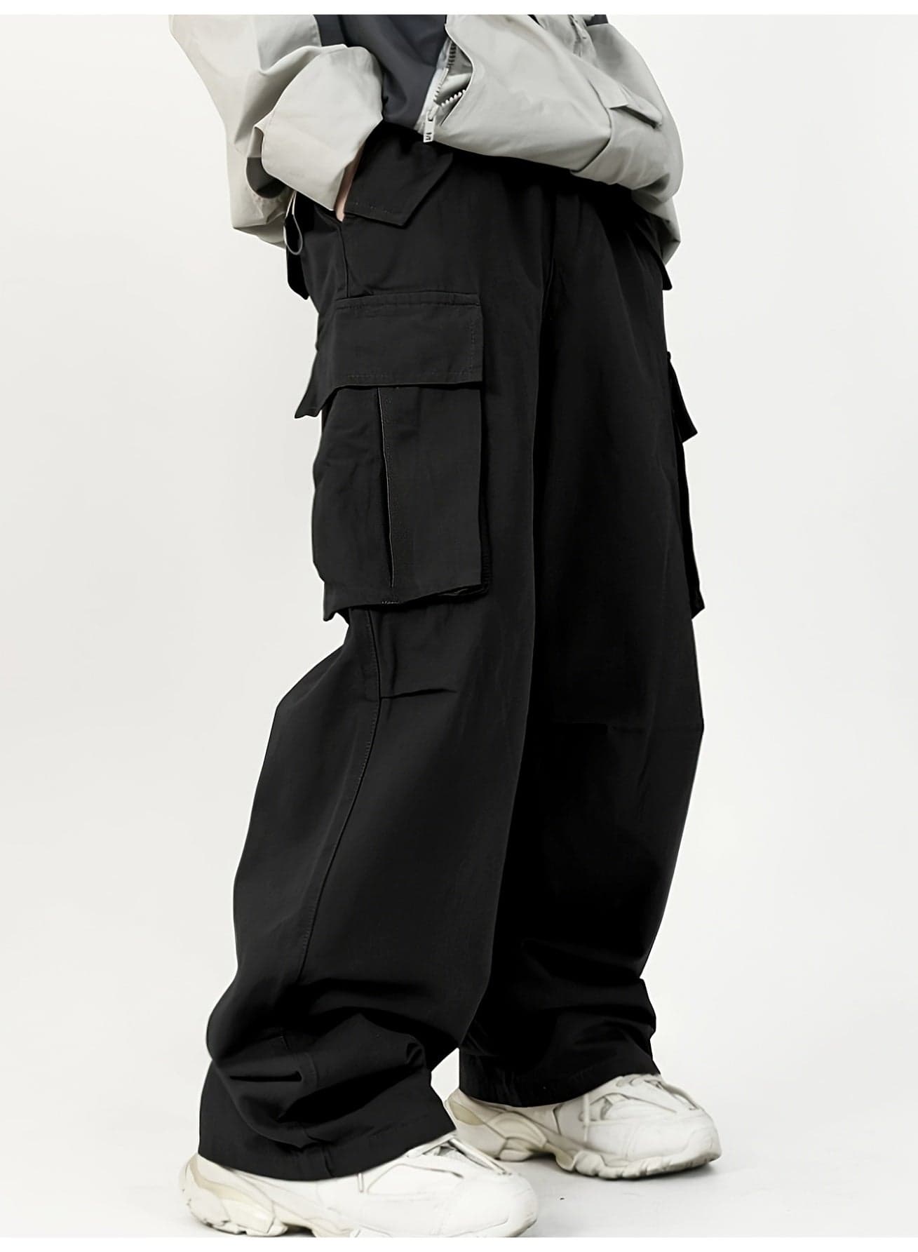 Men's Black Baggy Cargo Pants Oversized Wide Leg Multi-Pocket Trousers Y2K Streetwear