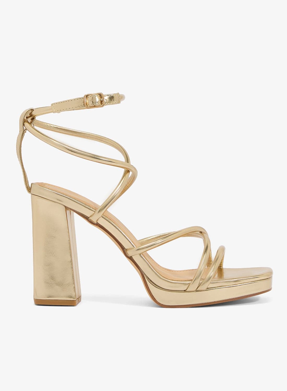 Strappy Detail High Block Heel Sandals Gold