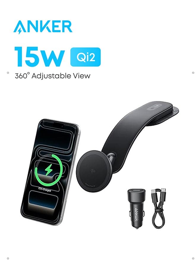 MagGo Wireless Car Charger (Pad), 15W Qi2 Certified Fast Charging Car Adapter with Alloy B Strong Hold, 360° Adjustable View, For iPhone 17/16 /15/14 Series and More