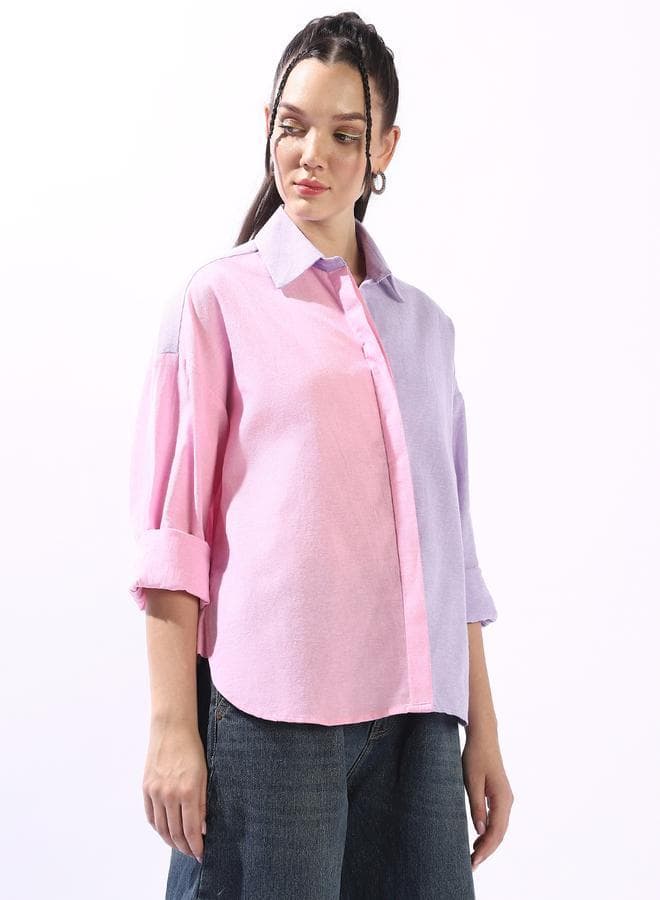 Women's Multicolour 100% Cotton Colour Blocked Button Down Oversized Shirt