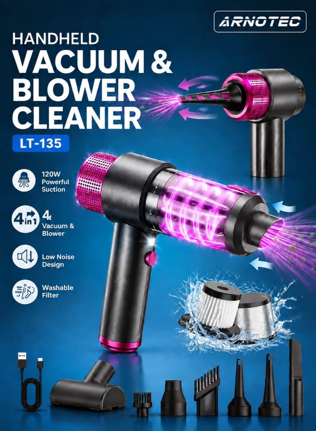 Handheld Car Vacuum Cleaner Cordless, 7500Pa High Power Portable Mini Vacuum & Air Duster 4-in-1 with LED Light, Dual Filtration, Type-C Rechargeable Battery for Car, Home, Office