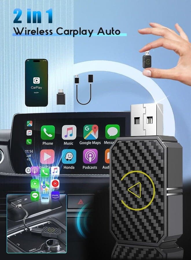 2 in 1 Wireless Carplay Auto Adapter Mini Box with Bluetooth 5.0 and WiFi for Wired CarPlay/Auto Cars