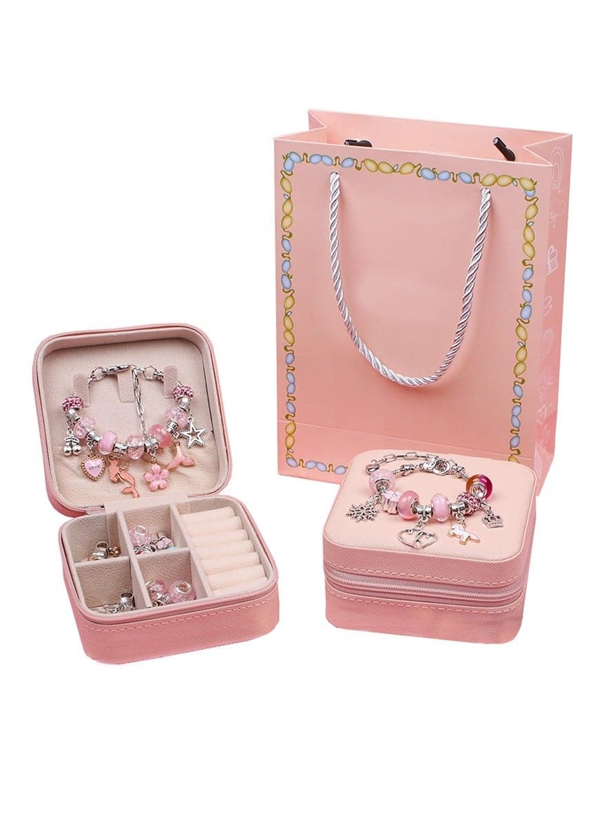 Girls Bracelet Making Kit, 66pcs DIY Beaded Jewelry Making Kit, Easy to Craft Necklace Personalized Birthday Gifts With Portable Bracelet Organizer Box for Age 4-12 Girls - Pink