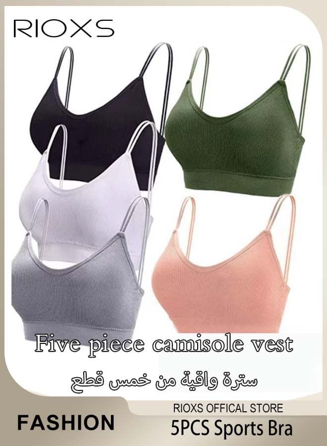 5 Pieces V Neck Bralette for Women, Women's Padded Seamless Cami Bra Wireless Tank Top Bra, Breathable Soft Low Back Bra Sports Bra with Adjustable Straps, Everyday Basic Sleeping Bra for Women Girls