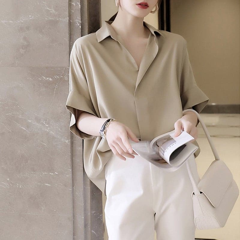 Summer Short Sleeve Womens Chic White Shirt Khaki
