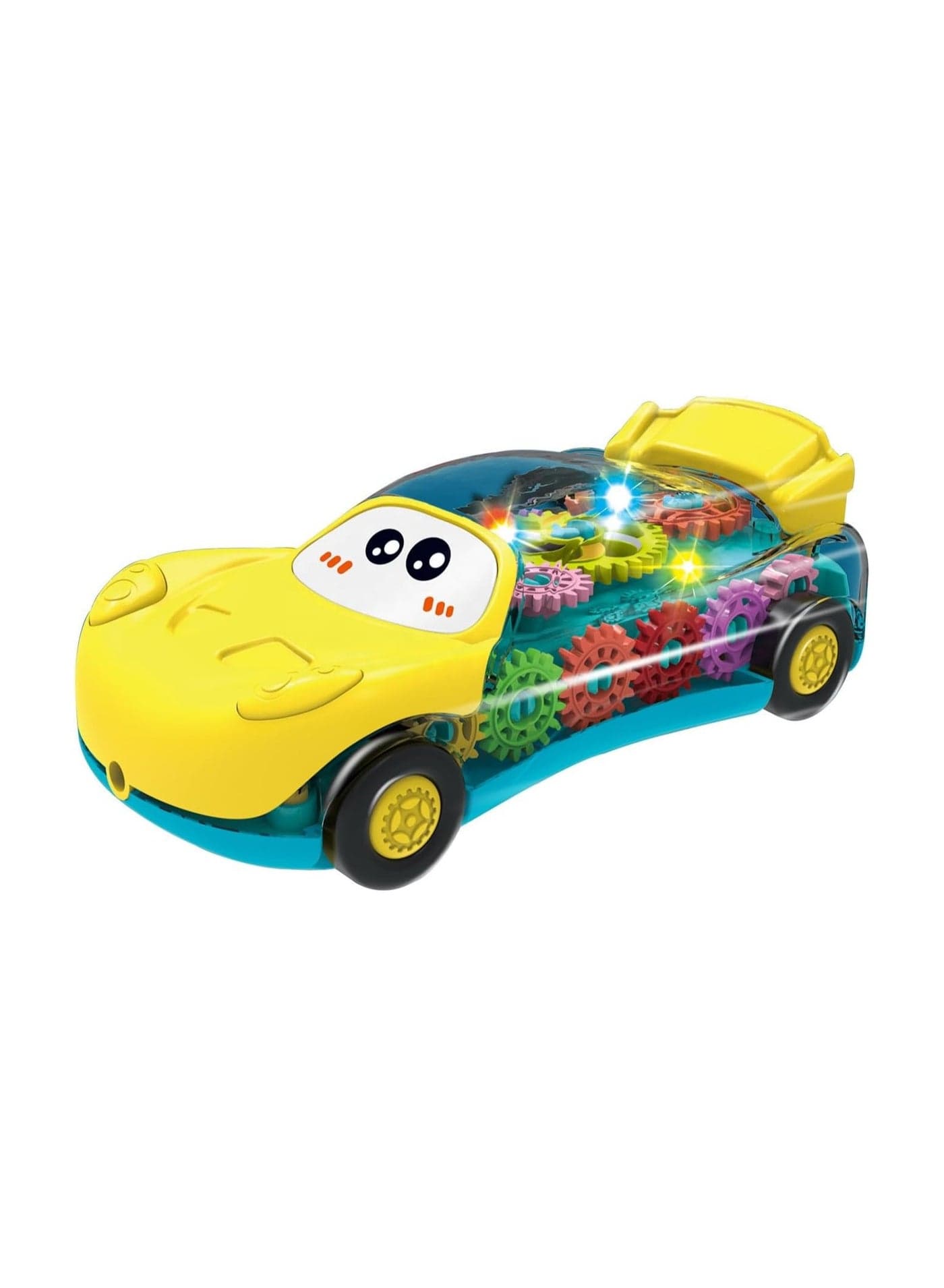 2-in-1 Transparent Gear Toy Car, Transparent Gear Toy Car for Kids with Colorful Flashing LED Lights, Moving Mechanical Gears and Cute Cartoon Face - Educational Light Up Vehicle Toy for Toddlers Boys and Girls (Yellow)