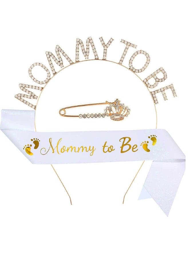 3-Piece Mommy to be Sash/Headband/Brooch Set, Mom to be Baby Shower Party Decorations, Mommy to be Crown/Sash/Pin, Maternity Gift for Her, for Gender Reveal and Baby Showers, White/Gold