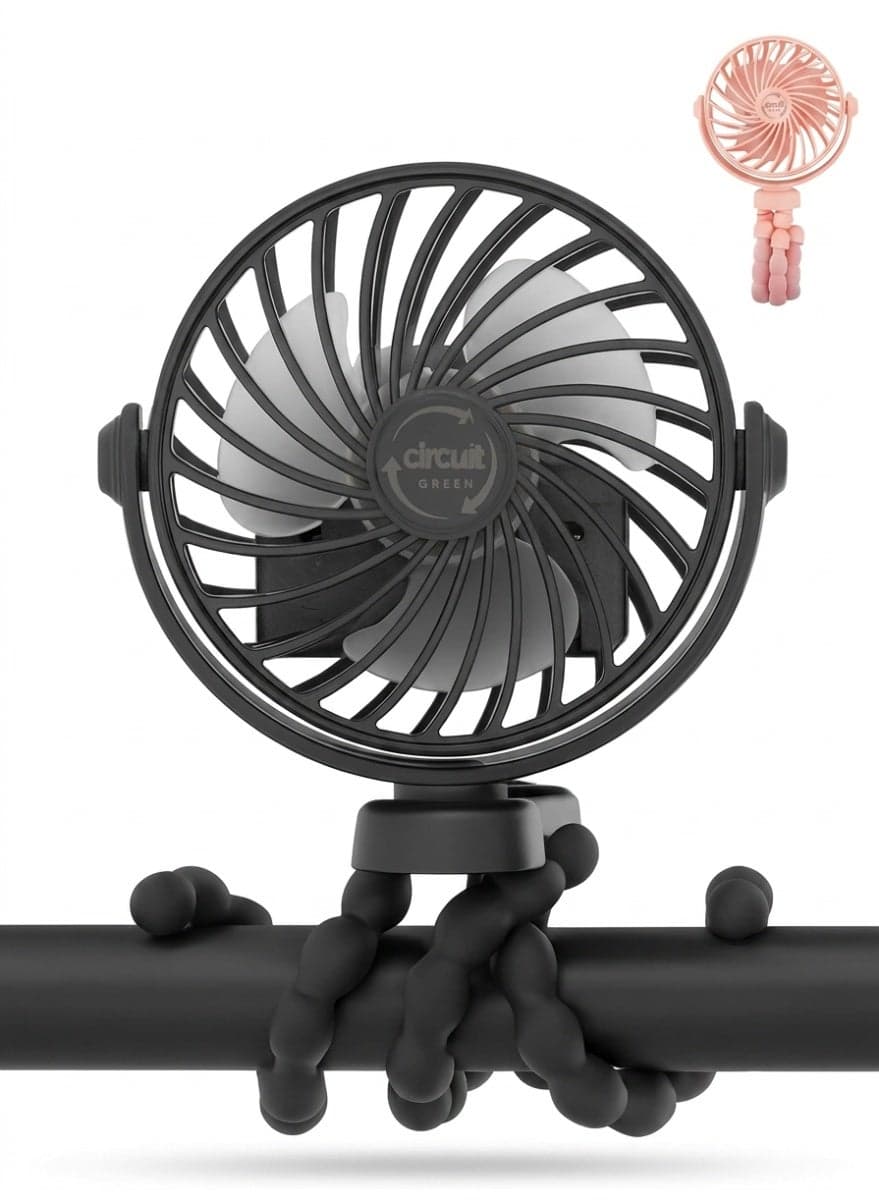 360° Rotating Portable Mini Fan. 3-Speed Rechargeable Stroller Fan with Flexible Tripod, Handheld Personal Cooling for Car Seat, Crib, Treadmill, and Travel (Black)