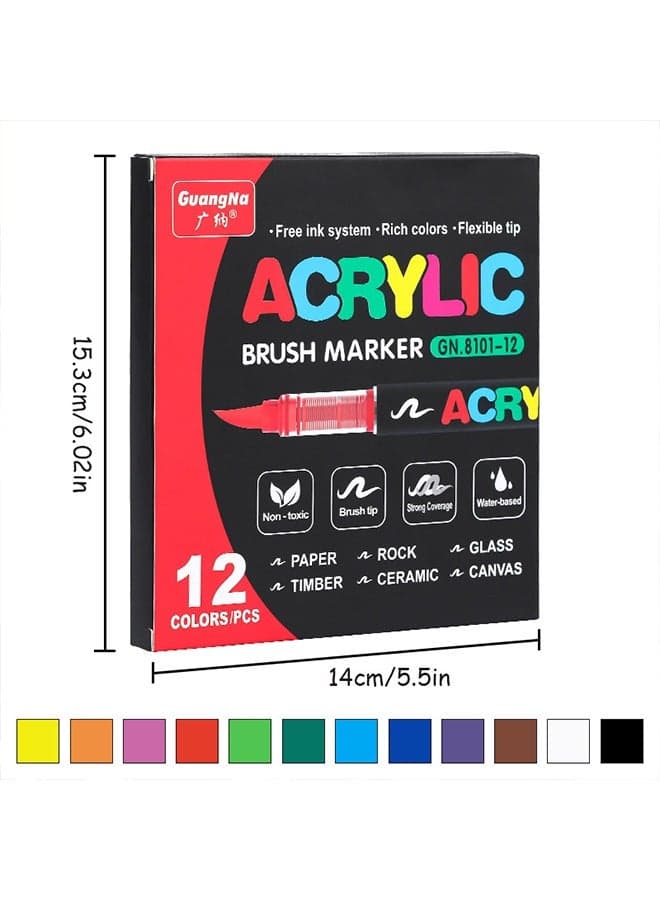 12 Colors Acrylic Paint Marker Set – Soft Tip, Odorless, Stackable, Smooth Flow Drawing Pens for Students & Artists