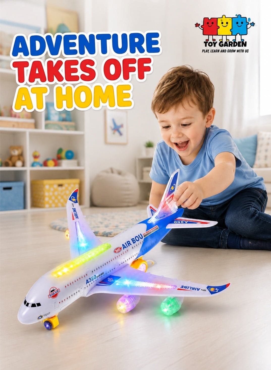 Battery Operated Air Bus Toy Airplane – Flashing LED Lights & Bump-and-Go Action, Realistic Sound Toy Aircraft for Kids